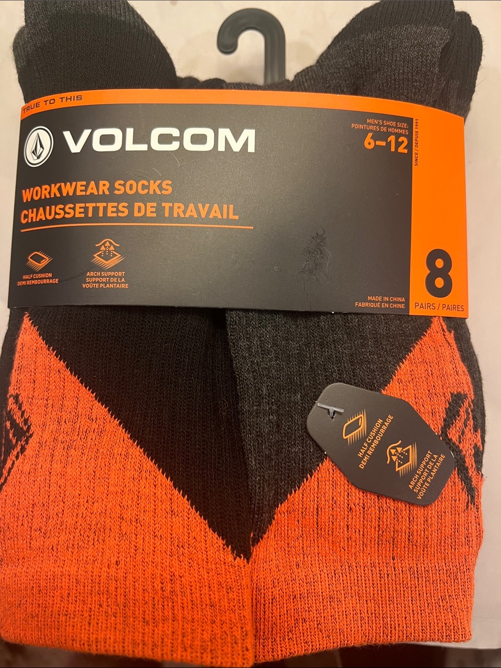 Volcom Orange & Black and Orange& Gray Workwear Crew Socks - 8 Pack